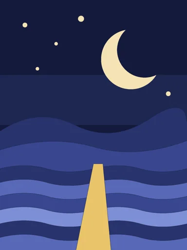 A crescent moon over rolling waves and a golden path.
