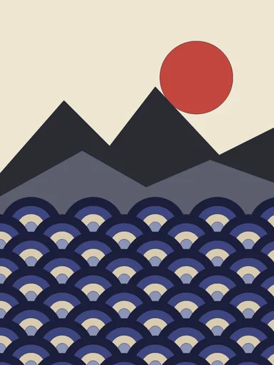 Japanese-style waves below grey mountains and a red sun.