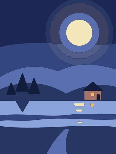A cabin by a lake under a glowing moon.