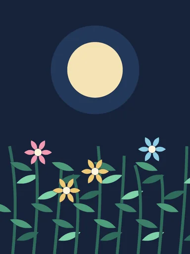 Pink, yellow and blue flowers on tall stems beneath the moon.