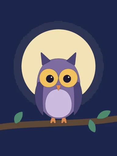 A purple owl perched on a branch in front of the moon.
