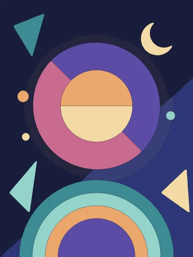 Abstract circles, arcs and triangles in pink, purple and teal.