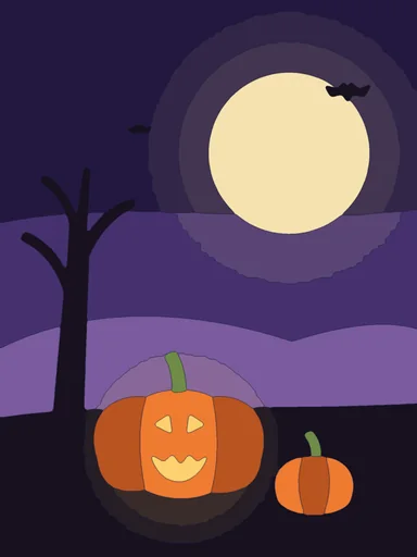 A grinning pumpkin under a full moon with bats.