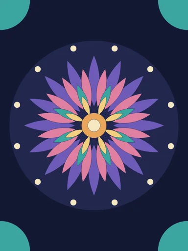 A star-shaped mandala in purple, pink and teal.