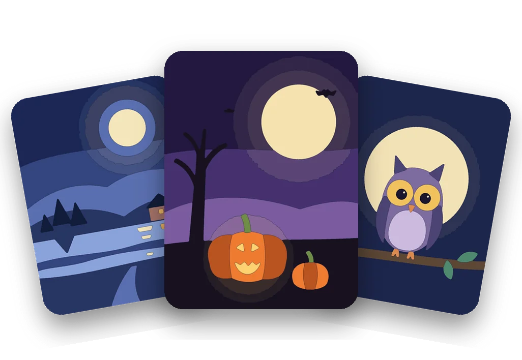 Three finished Moonhue pictures: a moonlit lake, a Halloween pumpkin under a full moon and an owl on a branch.